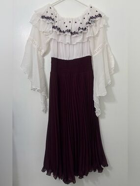 Zola Midi Length Dress Pleated Skirt Dramatic Sleeves Ruffle Collar Lined